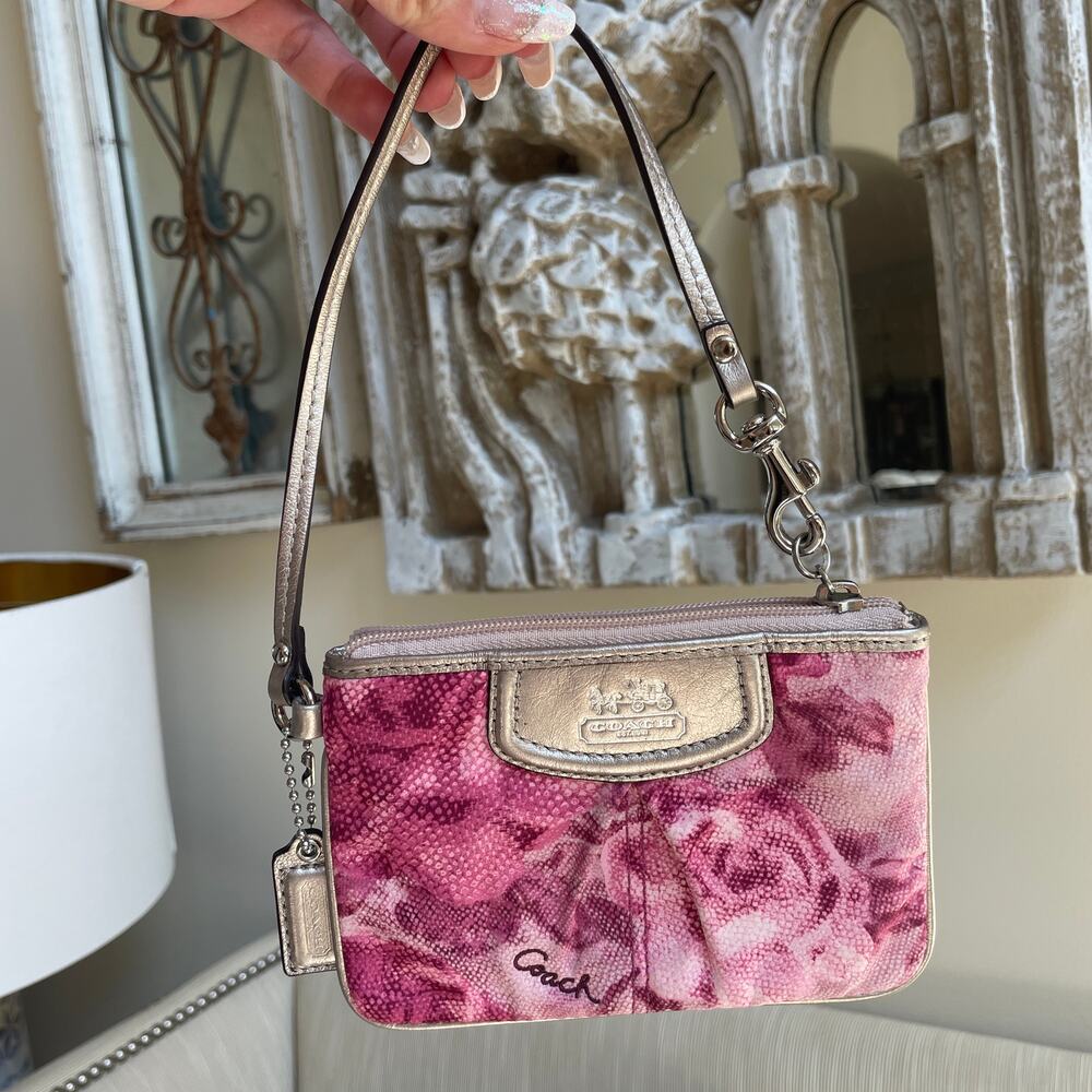 HTF COACH Pink Floral Wristlet Shoulder Bag | Metallic Leather
